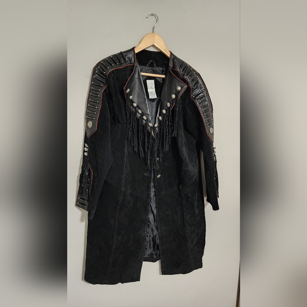 Roman's 2000's Suede Wild West Fringed/Star Studded  Leather Trench Coat
